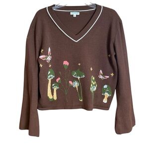 Earthbound Trading brown crop sweater with mushrooms & butterflies XL
